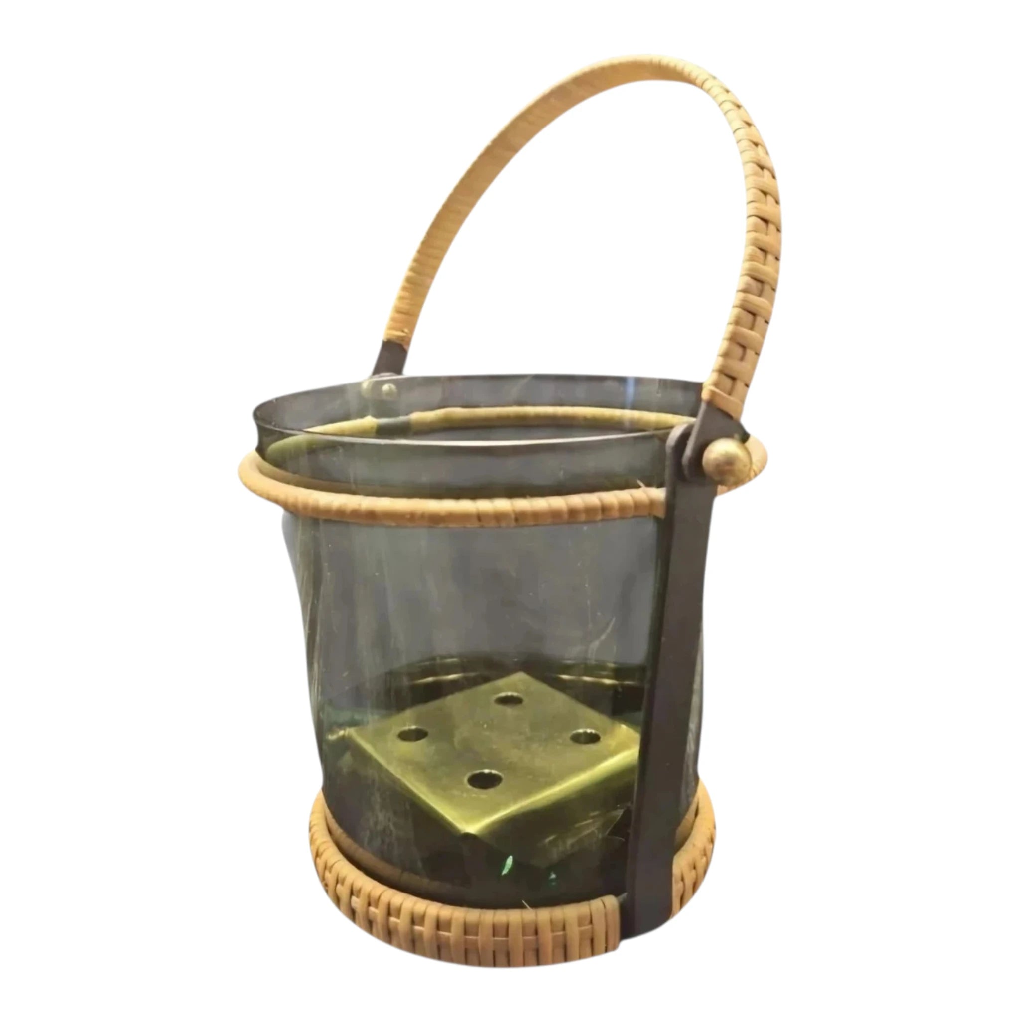 Dark Glass Ice Bucket With Brass Frame, 3-Piece Set, Unused, 1950s