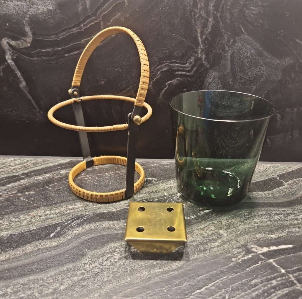 Dark Glass Ice Bucket With Brass Frame, 3-Piece Set, Unused, 1950s