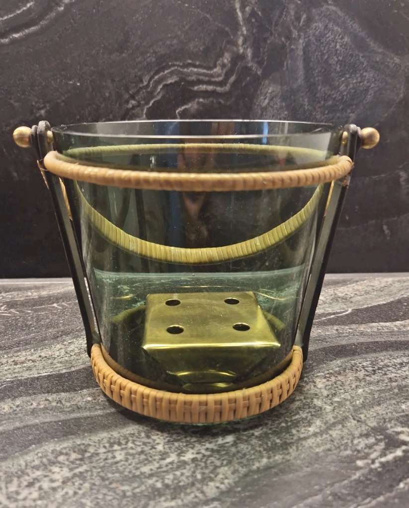 Dark Glass Ice Bucket With Brass Frame, 3-Piece Set, Unused, 1950s