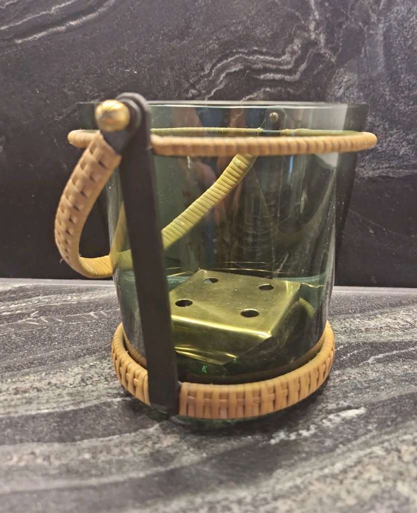 Dark Glass Ice Bucket With Brass Frame, 3-Piece Set, Unused, 1950s