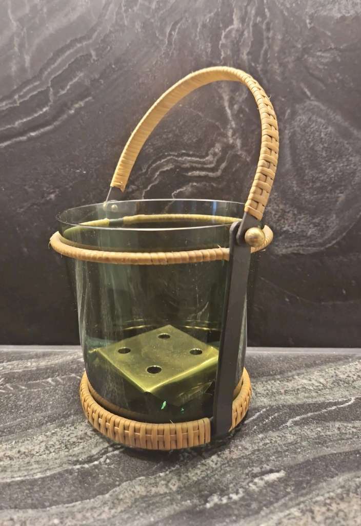 Dark Glass Ice Bucket With Brass Frame, 3-Piece Set, Unused, 1950s
