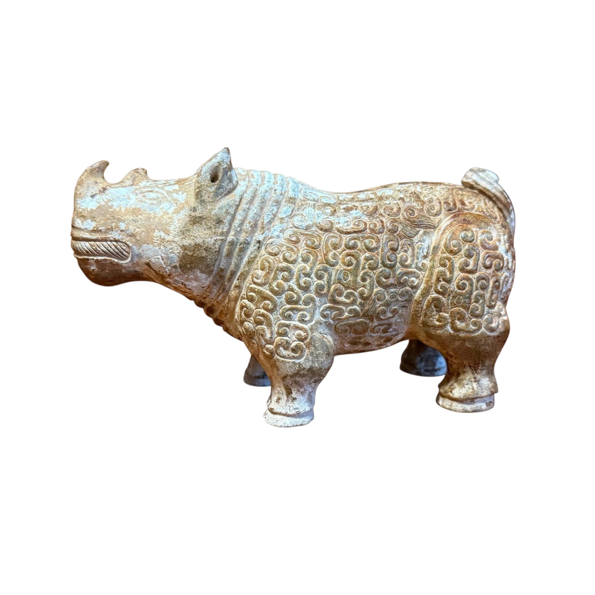 Antique Chinese White Jade Rhinoceros Figure, Natural Patina
