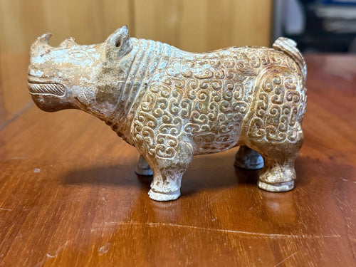 Antique Chinese White Jade Rhinoceros Figure, Natural Patina