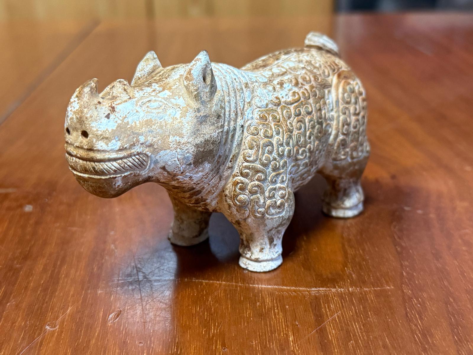 Antique Chinese White Jade Rhinoceros Figure, Natural Patina