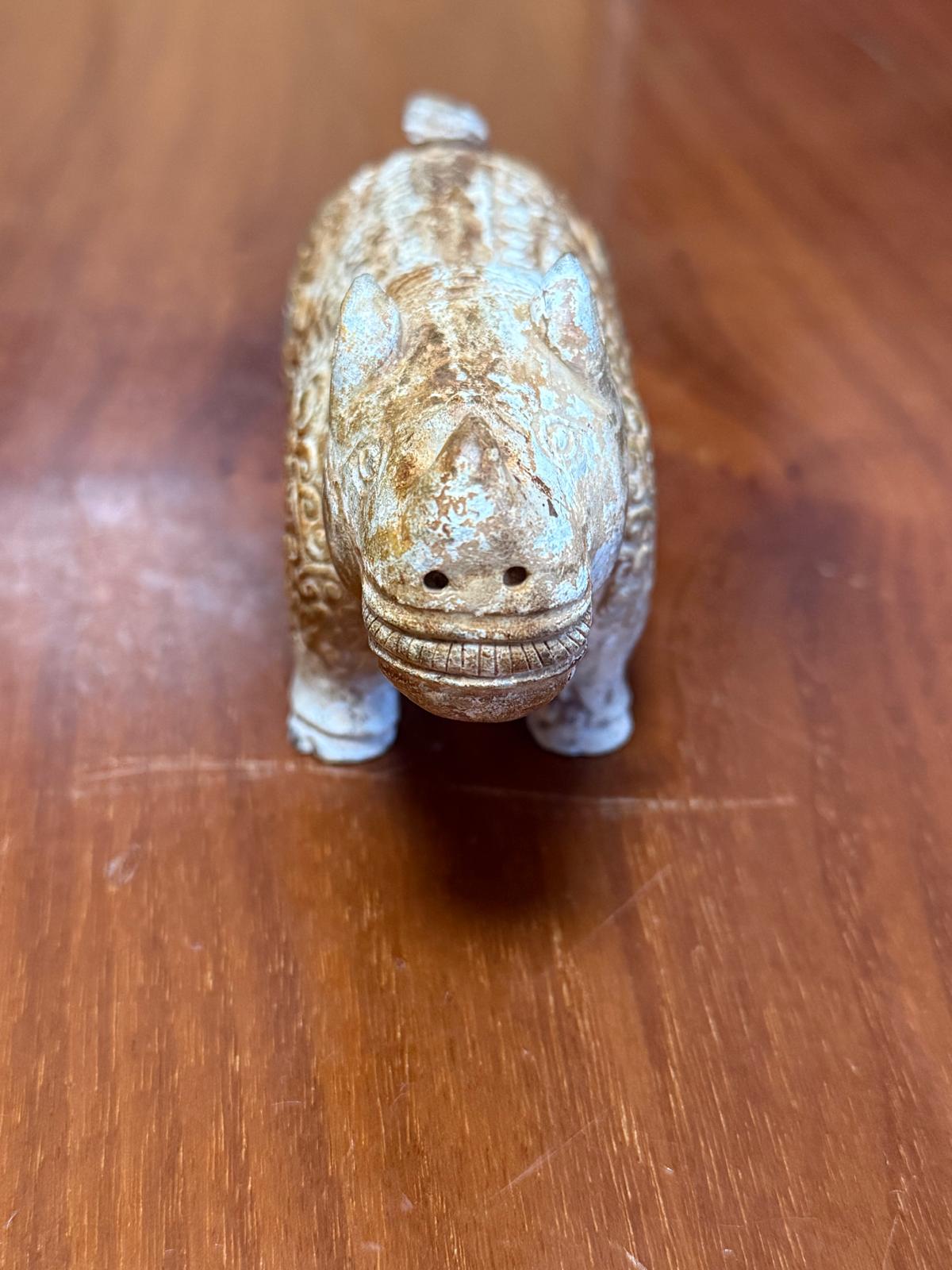 Antique Chinese White Jade Rhinoceros Figure, Natural Patina