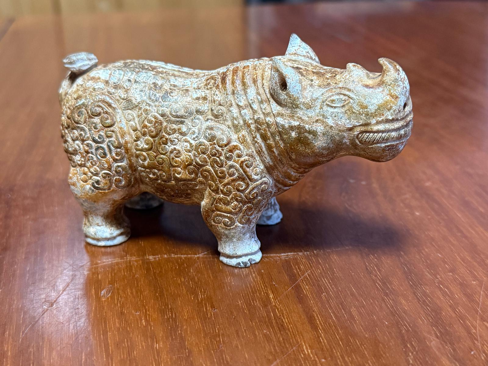 Antique Chinese White Jade Rhinoceros Figure, Natural Patina