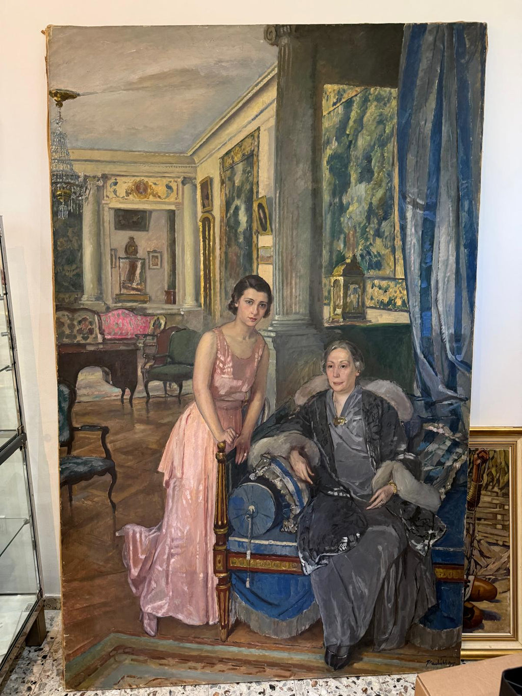 Huge Painting Elegant Salon with Mother and Daughter, Luigi Paolillo 1933
