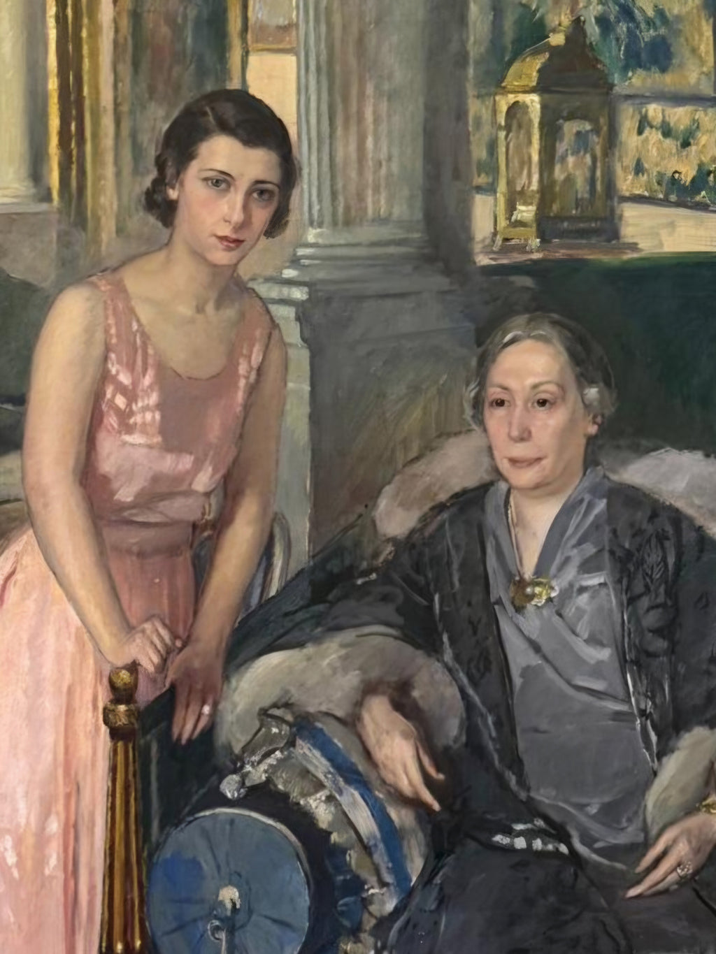 Huge Painting Elegant Salon with Mother and Daughter, Luigi Paolillo 1933