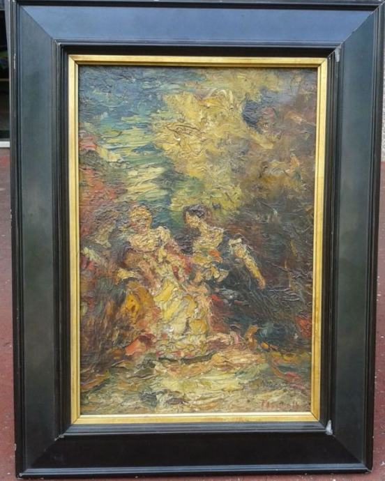 Signed Oil on Canvas "Three Elegant Ladies in a Park"+ Expert Certificate, Adolphe Monticelli, 19th Century