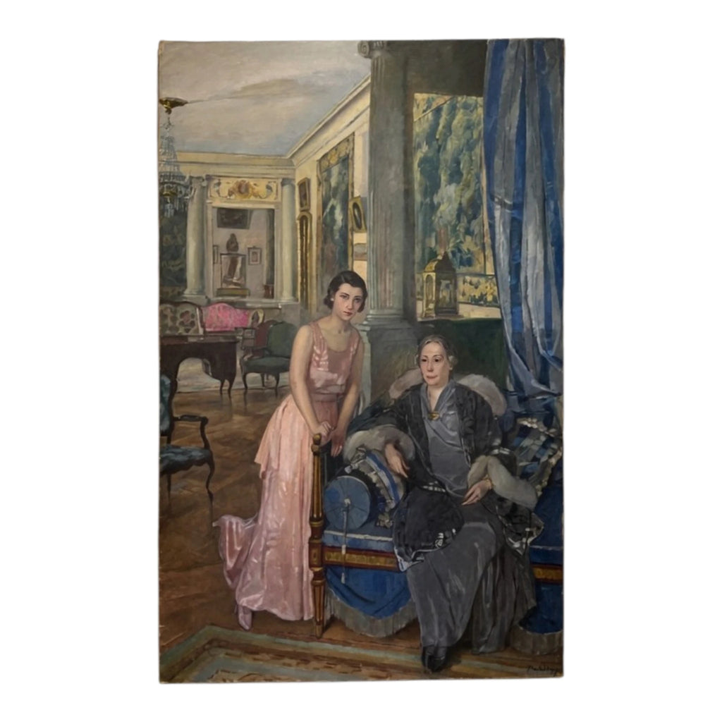 Huge Painting Elegant Salon with Mother and Daughter, Luigi Paolillo 1933