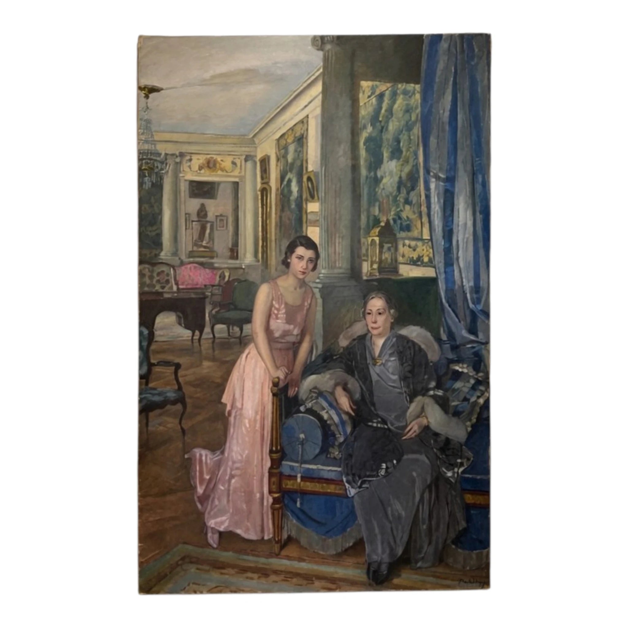 Huge Painting Elegant Salon with Mother and Daughter, Luigi Paolillo 1933